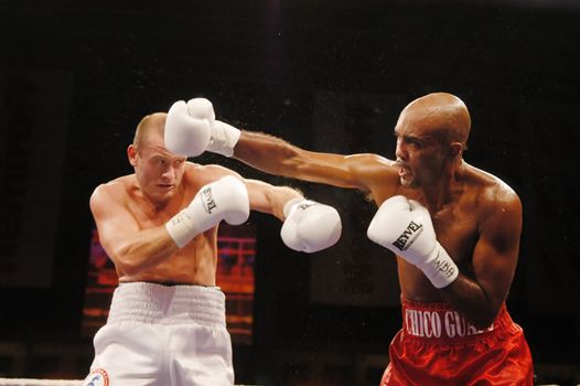 KYIV, UKRAINE - SEPT 13: Ukrainian light heavyweighter Vyacheslav Uzelkov and Spanish 175lb champion Gabriel Campillo box during their fight for the WBA intercontinental title in the Kyiv Sports Palace on September 13, 2007 in Kyiv, Ukraine