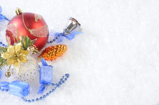 christmas toys on snow background