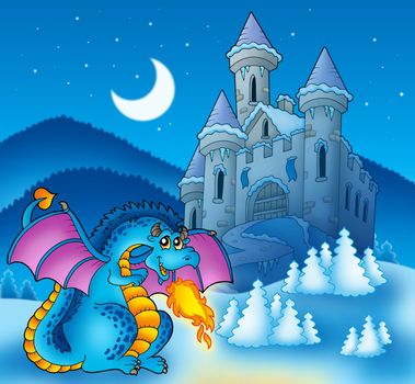 Big blue dragon with winter castle - color illustration.