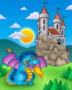 Blue dragon with castle on hill - color illustration.