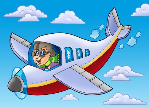 Cartoon aviator on blue sky - color illustration.