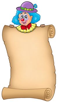 Cartoon clown holding old scroll - color illustration.