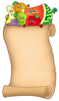 Cartoon fruits holding old scroll - color illustration.