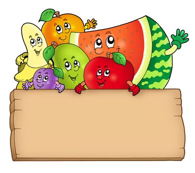 Cartoon fruits holding wooden table - color illustration.