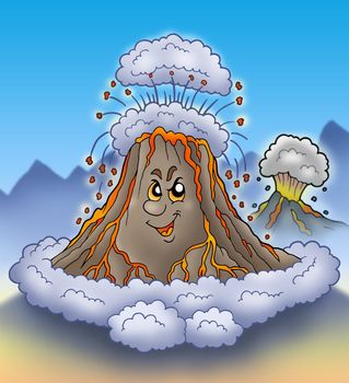 Erupting cartoon volcano - color illustration.