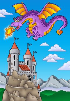 Flying dragon with castle on hill - color illustration.