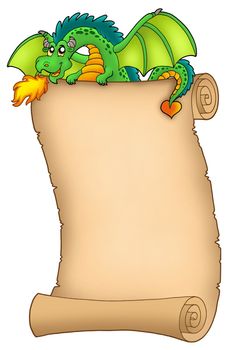 Giant green dragon holding scroll - color illustration.
