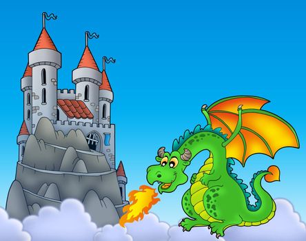 Green dragon with castle on hill - color illustration.