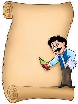 Parchment with waiter serving wine - color illustration.