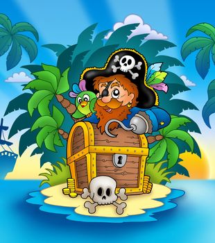 Small island with pirate and chest - color illustration.