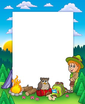 Summer frame with boy scout - color illustration.