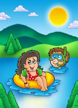 Two swimming kids in lake - color illustration.