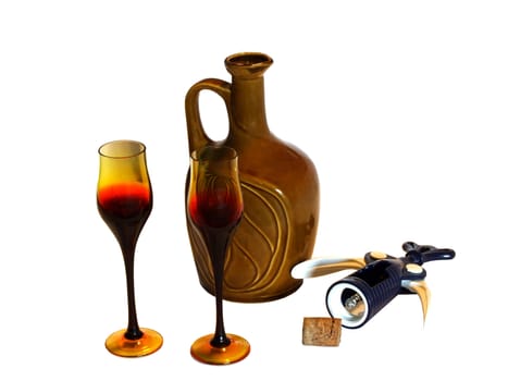 Bottle of wine with glasses, cork and corkscrew, isolated on white, with clipping path