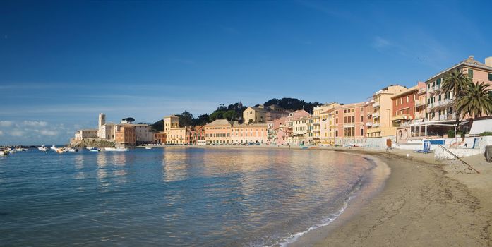 Panoramic view of Baia del Silenzio in Sestri Levante, famous small town in Mediterranean sea, Liguria, Italy