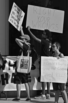 Protesters at the Rainforest Coalitions protest at the annual Chevron board meeting.