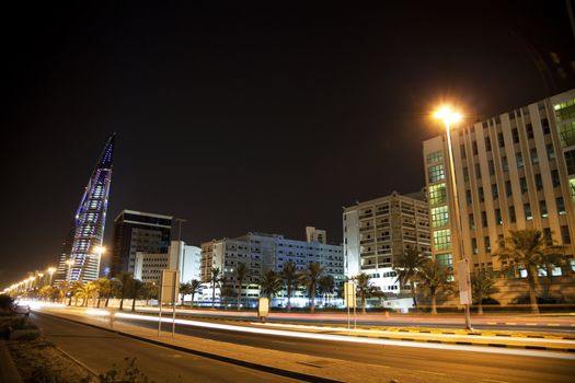 Night image of downtown Manama, Bahrain.
