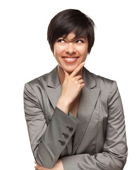 Pretty Smiling Multiethnic Young Adult Woman with Eyes Up and Over Isolated on a White Background.