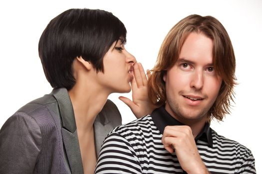 Attractive Diverse Couple Whispering Secrets Isolated on a White Background.