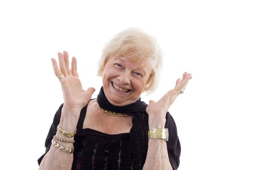 portrait of happy old woman against white background
