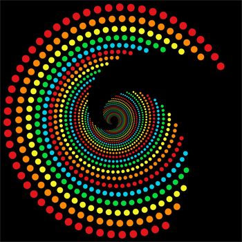  rainbow dots spiral pattern, isolated over black