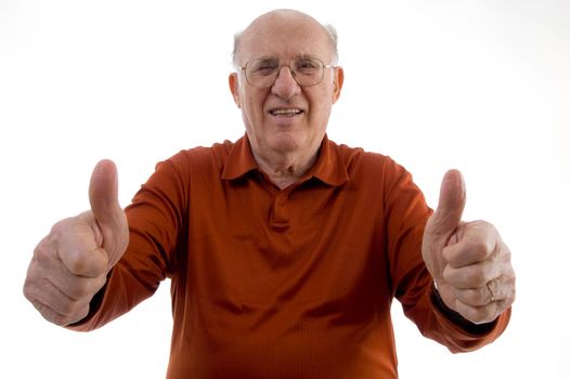 old man showing thumb up with both hands on an isolated background