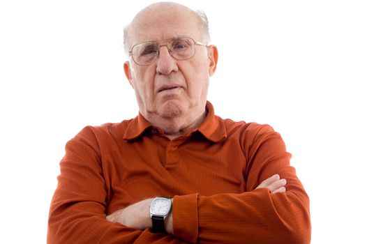 old man with crossed arms on an isolated white background