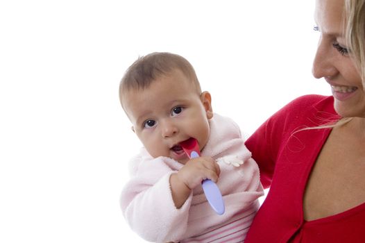 mother holding her baby on an isolated background