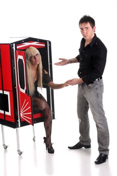 Magician performance with beauty girls in a magic box