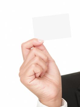 Closeup of business card in hand of woman - isolated on white background.