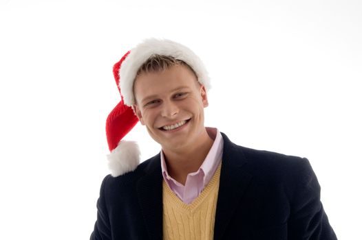 portrait of smiling businessman with christmas hat on an isolated white background