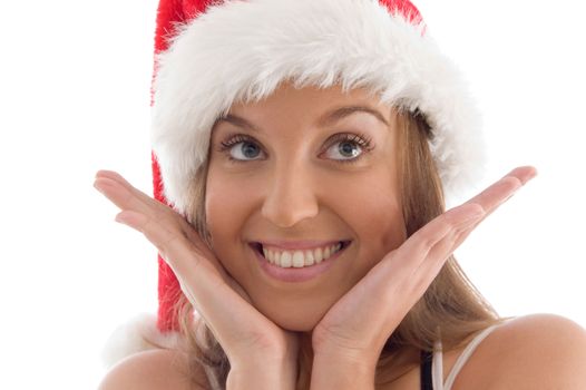 portrait of model wearing christmas hat on an isolated white background