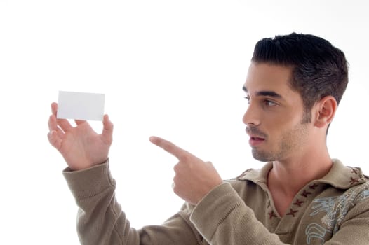 handsome businessman showing his business card with white background