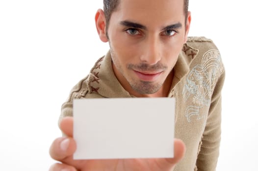 handsome businessman showing his business card with white background