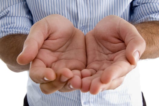 man's holding hand gesture on an isolated white background