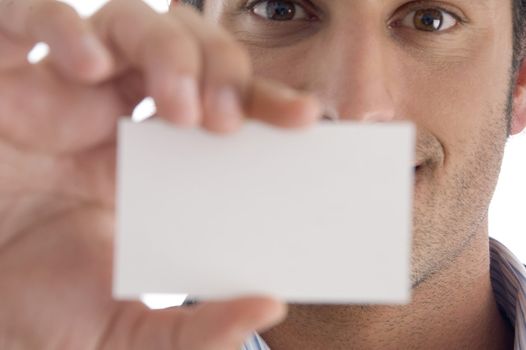 close up of young american male holding business card with white background