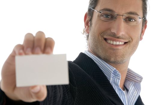 young handsome attorney holding business card on an isolated white background