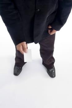 businessman with business card on an isolated white background