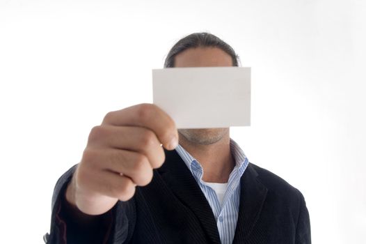 young caucasian posing with business card against white background