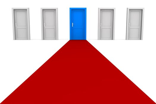 line of five doors, one blue door in the middle - red carpet to the blue door