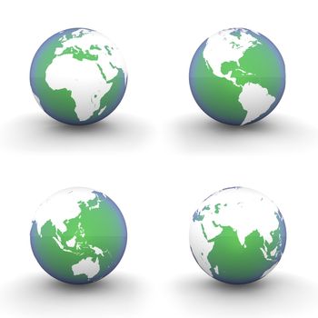 four views of a 3D globe with white continents and a green-blue metallic ocean