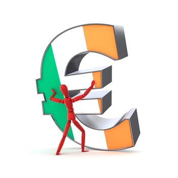 person in red is trying to stabilize a metallic euro sign - front is textured with a irish flag