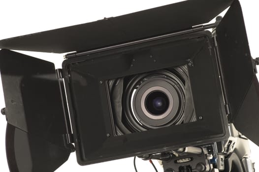Professional digital video camera on a white background.