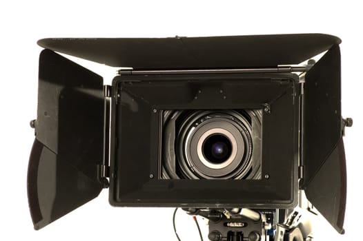 Professional digital video camera on a white background.