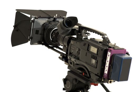 Professional digital video camera on a white background.