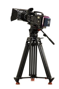 Professional digital video camera on a white background.