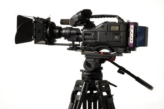 Professional digital video camera on a white background.