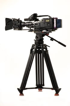 Professional digital video camera on a white background.