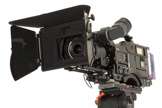 Professional digital video camera on a white background.