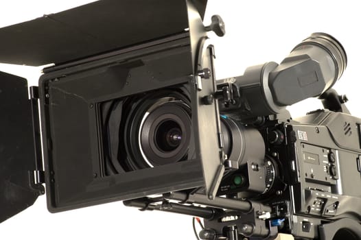 Professional digital video camera on a white background.