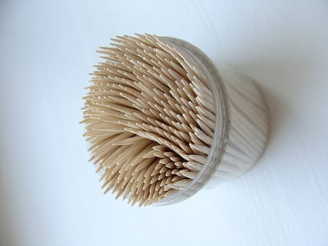 Box of wooden toothpicks close up 